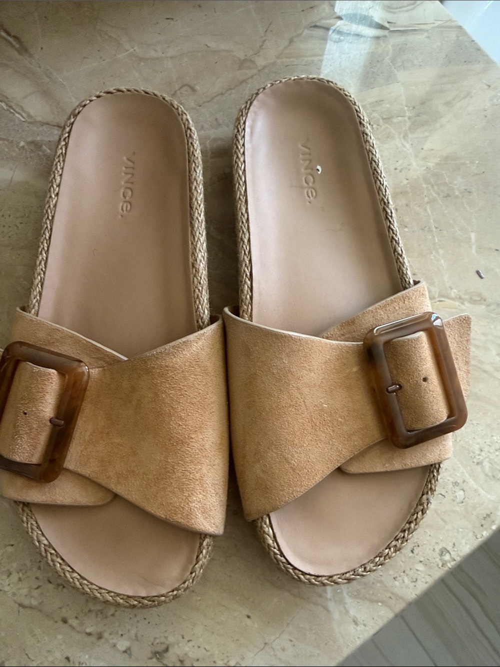 Vince Camel/Tan Suede Slide Sandals with Tortoiseshell Buckle